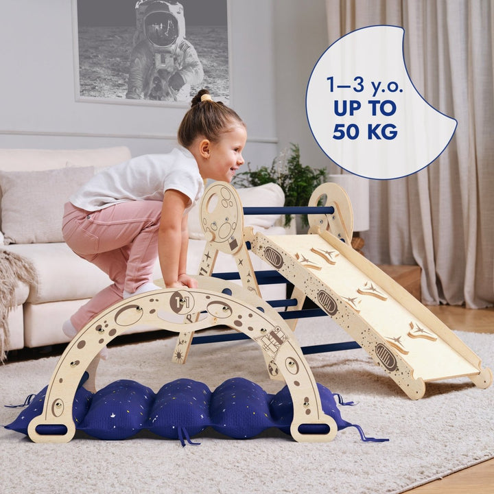 Apollo 4in1 Climbing Set: Pikler Triangle, Arch, Slide Board, and Cushion for Little Toddlers Astronauts - Goodevas