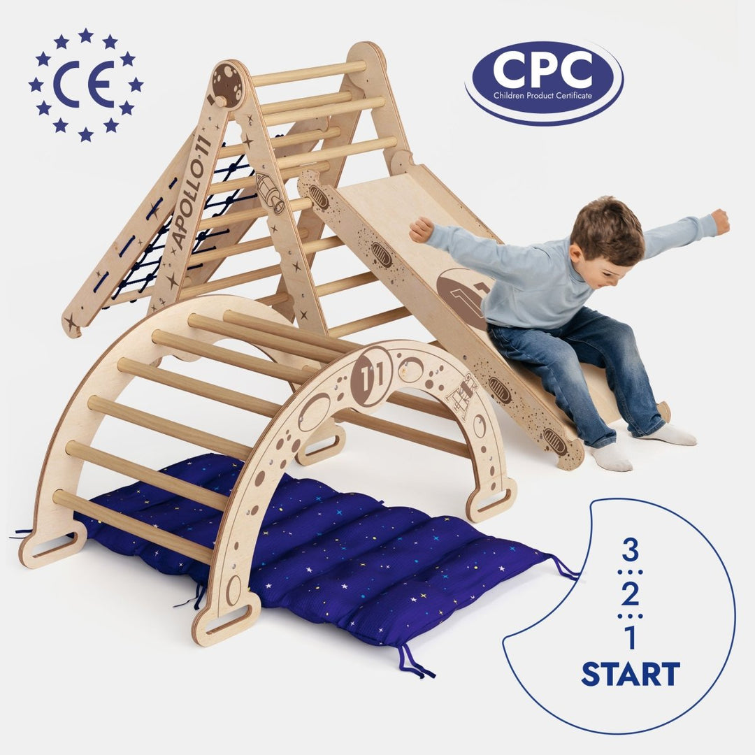 Apollo 5in1 Climbing Set: Pikler Triangle, Net, Arch, Slide Board, and Cushion for Little Astronauts - Goodevas