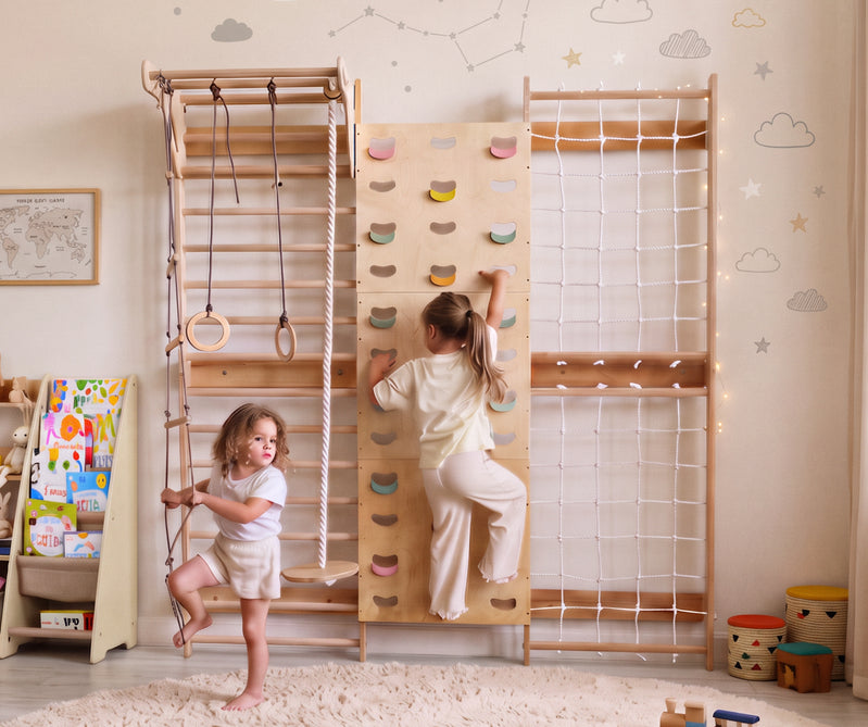 7-in-1 Climbing Wall for Kids: Wall Bars, Rock Wall, Net, Pull-Up Bar, 3-in-1 Swing Set