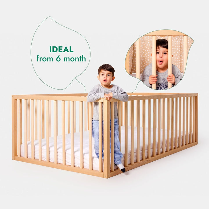 Full Montessori Floor Bed Frame for Toddlers with Fence - Goodevas