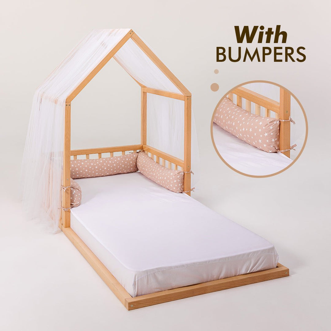 Small Wooden Montessori House Floor Bed with Fence and Roof for Kids (190x90 cm) - Goodevas