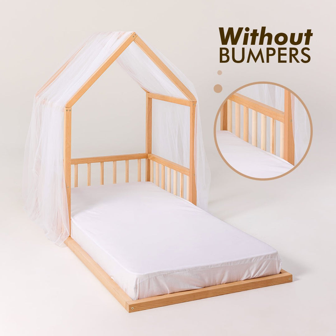 Small Wooden Montessori House Floor Bed with Fence and Roof for Kids (190x90 cm) - Goodevas