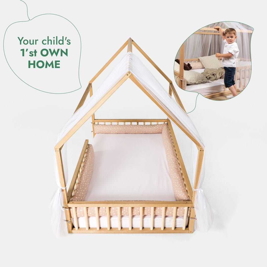 Twin Size Montessori House Bed for Kids with Fence - Goodevas