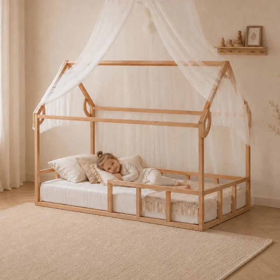 Twin Size Montessori House Bed for Kids with Fence - Goodevas
