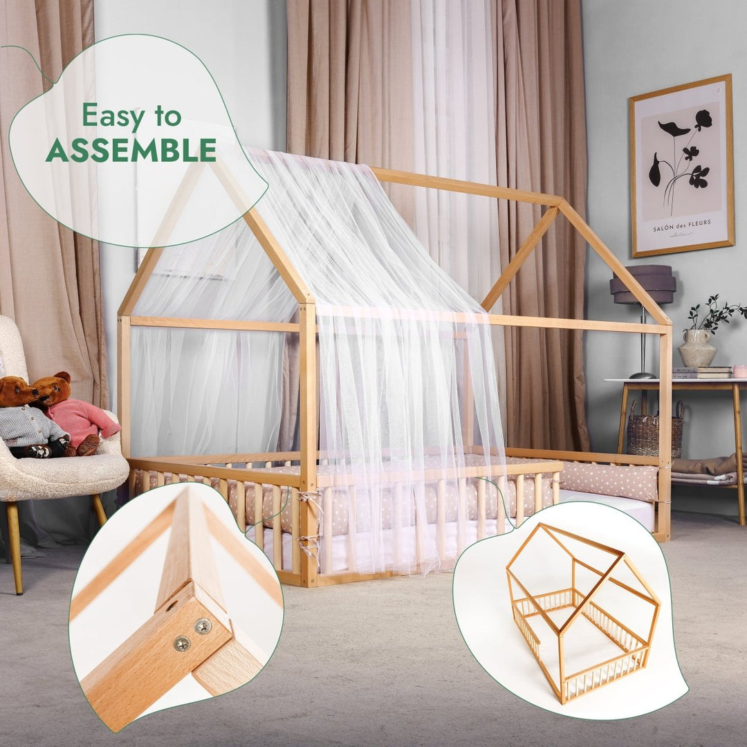 Twin Size Montessori House Bed for Kids with Fence - Goodevas