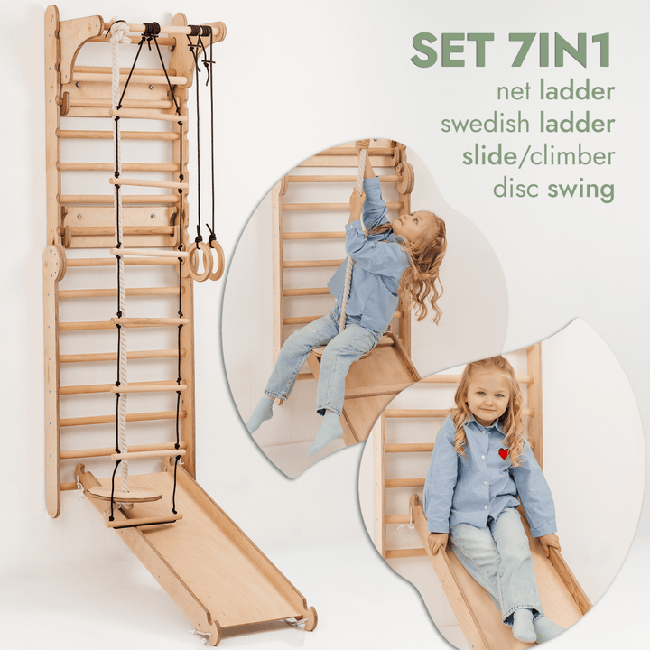 Wooden Swedish Wall / Climbing ladder for Children + Swing Set + Slide Board + Art Add - on - Goodevas