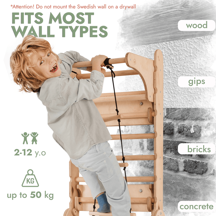 Wooden Swedish Wall / Climbing ladder for Children + Swing Set + Slide Board + Art Add - on - Goodevas