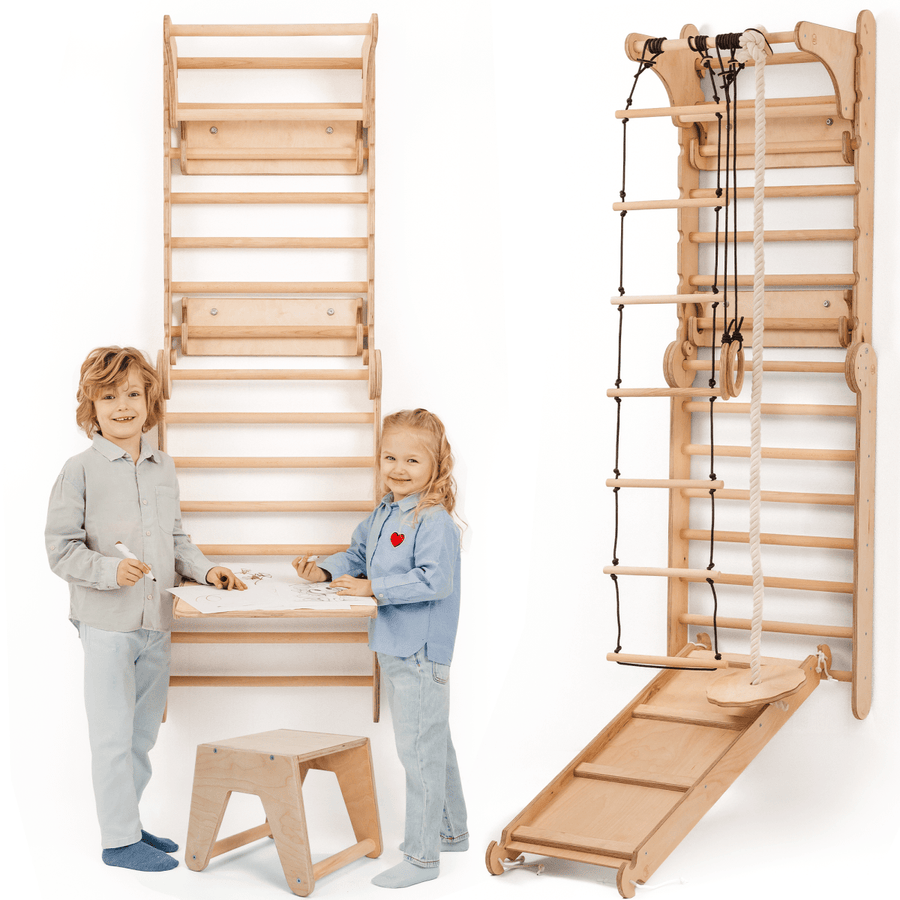 Wooden Swedish Wall / Climbing ladder for Children + Swing Set + Slide Board + Art Add - on - Goodevas
